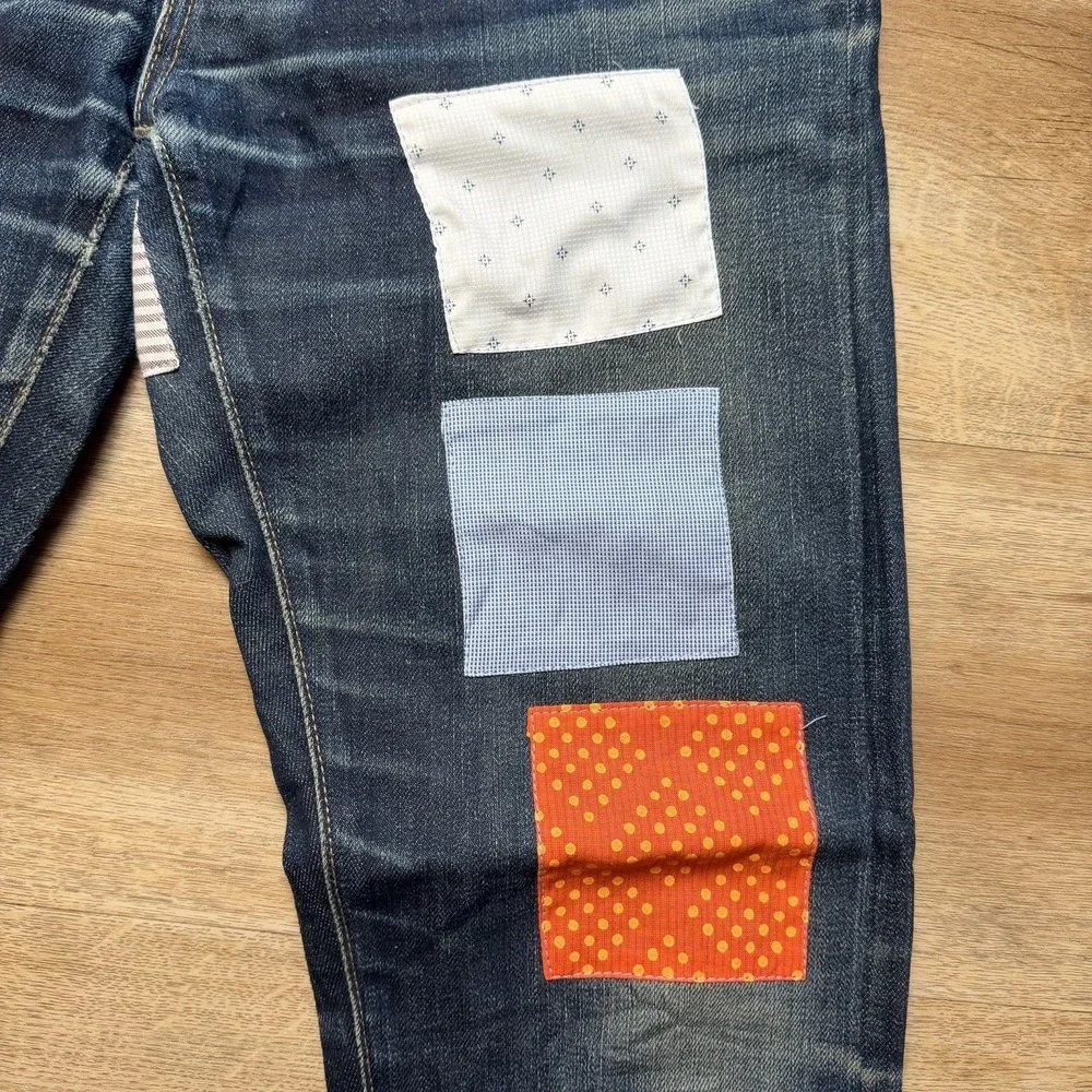 UNIQLO Selvedge Jeans Men 29x29 Blue Slim Fit Straight Leg Patchwork Unique Dark